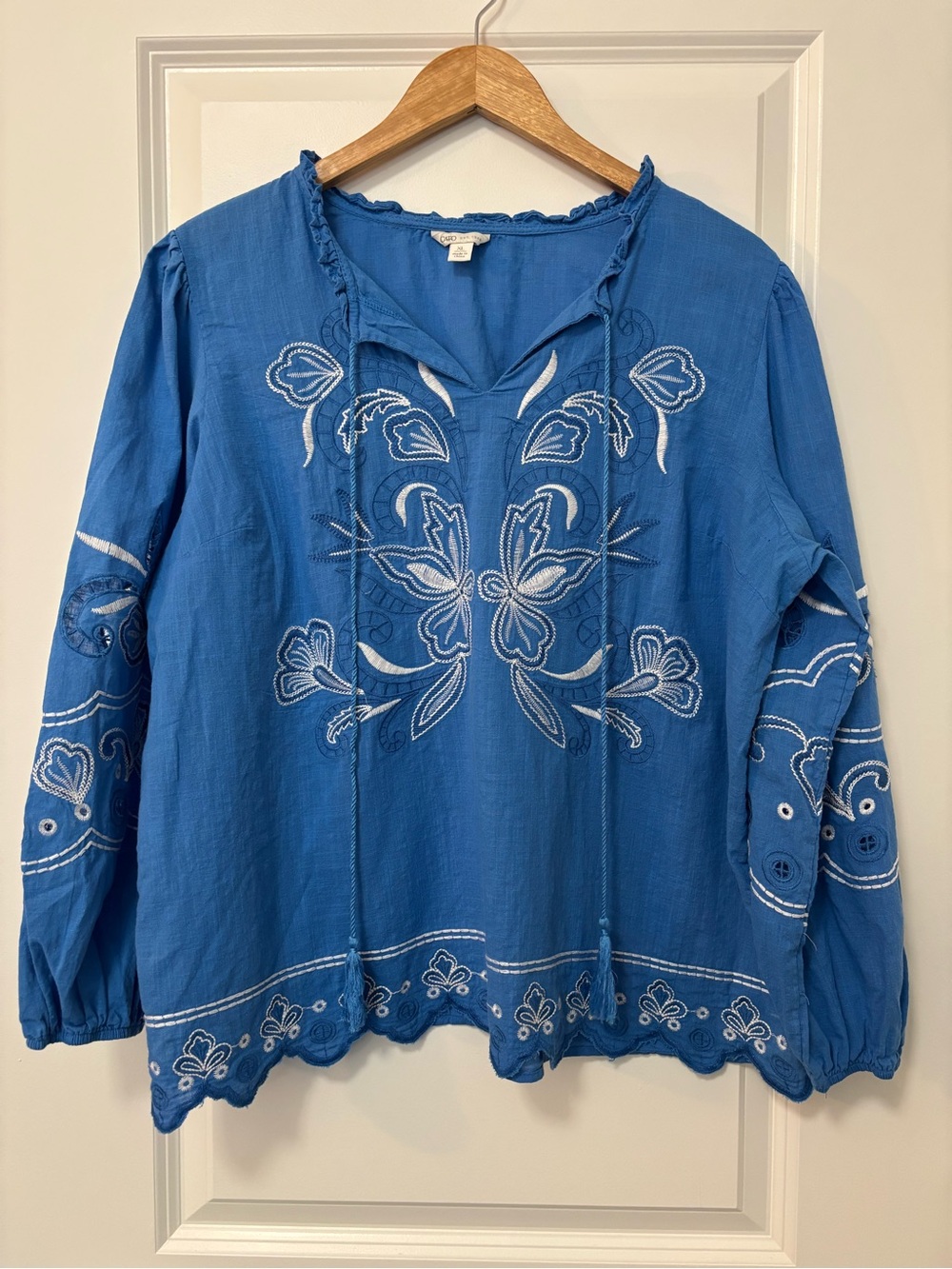 Cato Cobalt Blue Boho Floral Embroidered Peasant Top, Size XL